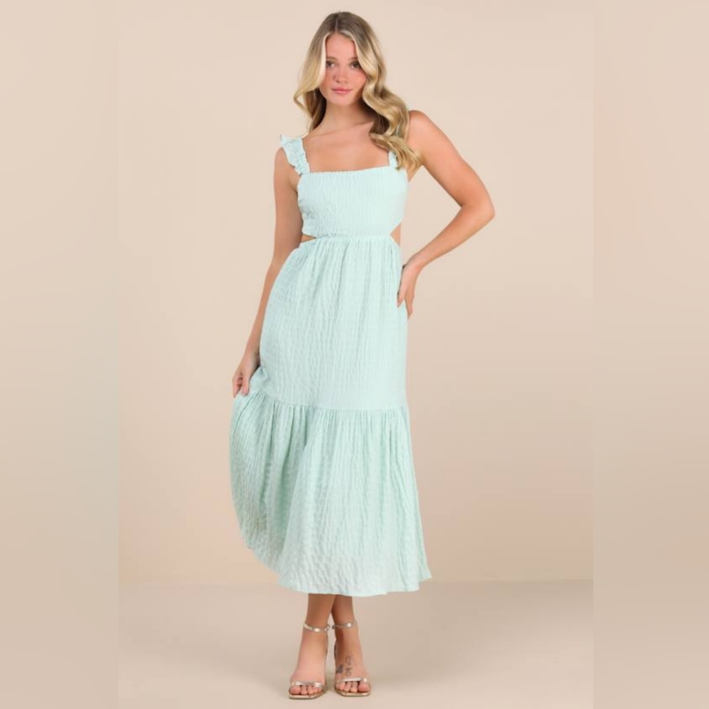 Lush Dreamiest Darling Mint Smocked Tie Back MIDI Dress size S